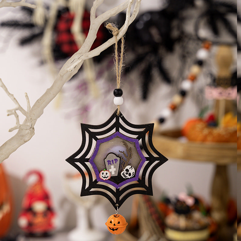 Halloween Wooden Lantern Hanging Pumpkin Pendant, Ghost Festival Atmosphere Decoration, Luminous Horror Pumpkin Spider Pendant