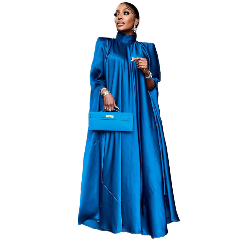 Women Stand Collar Elegant Dress Fashion Long Bat Sleeve Evening Pleated Maxi Casual Solid Loose Robe