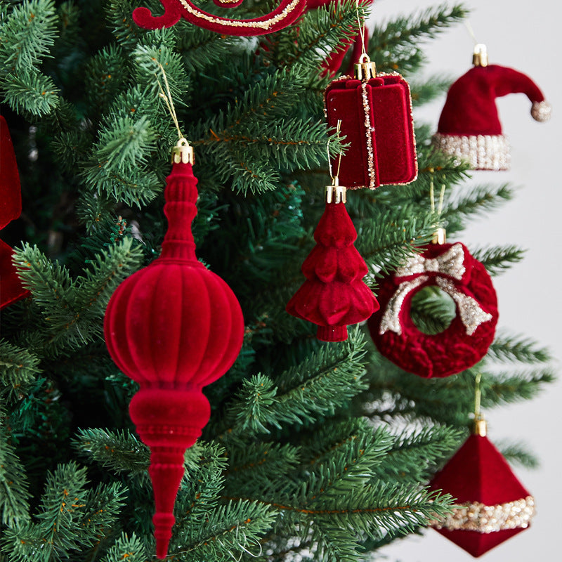 New Christmas Decoration Flocked Ball Wine Red Creative Cone Shaped Ornament Christmas Tree Decoration Festival Atmosphere Hanging Decor