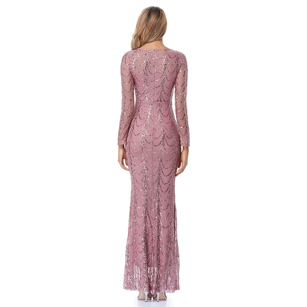 Elegant Party Dress with Sequins Long Sleeve Round Neck Fitted Mermaid Silhouette Evening Gown