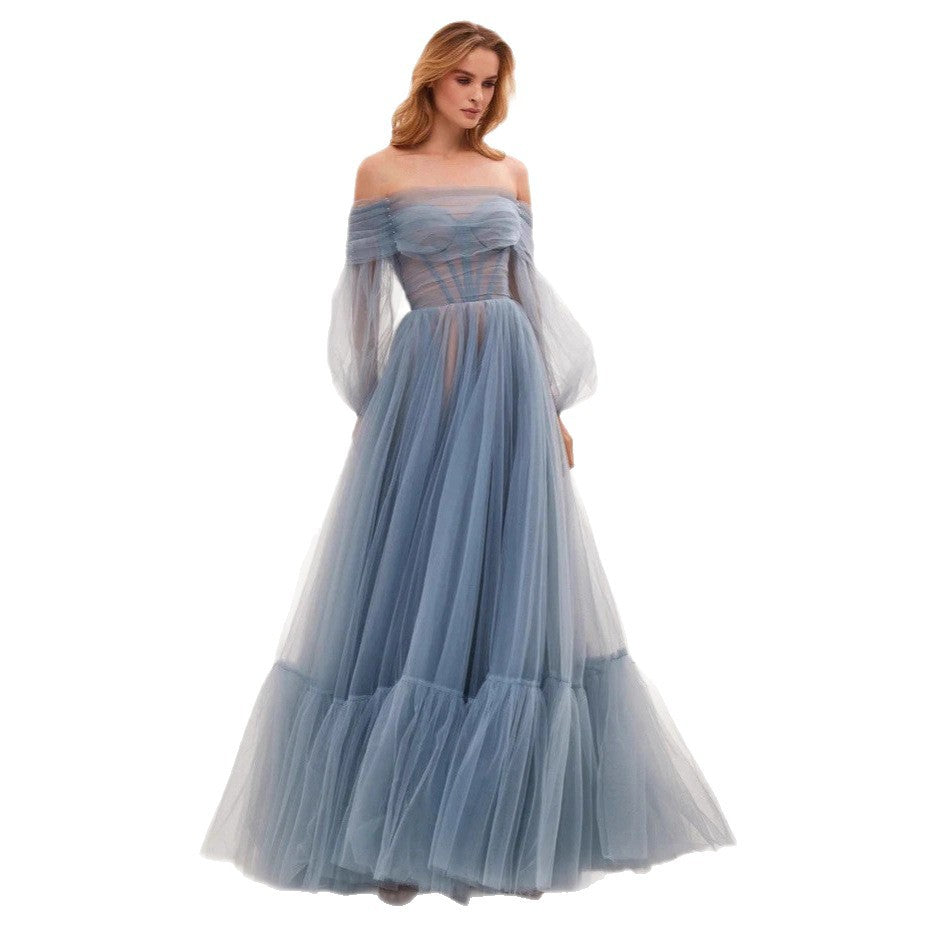 Elegant Long Sleeve One Shoulder Tulle Dress Women's Wedding Gown Evening Dress
