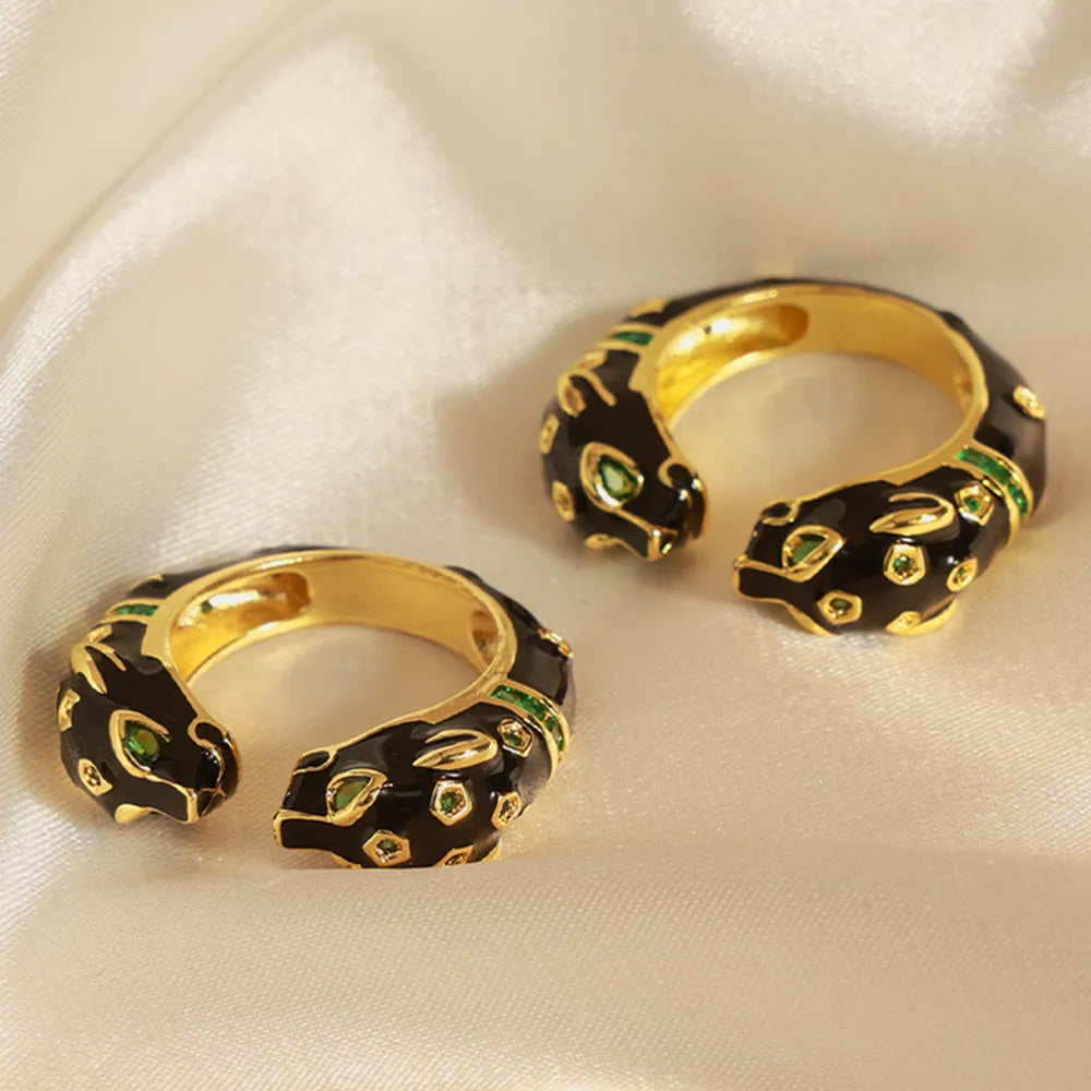 Black Panther Diamond Set Enamel Glazed Open Ring Fashionable and niche Design Jewelry for Women
