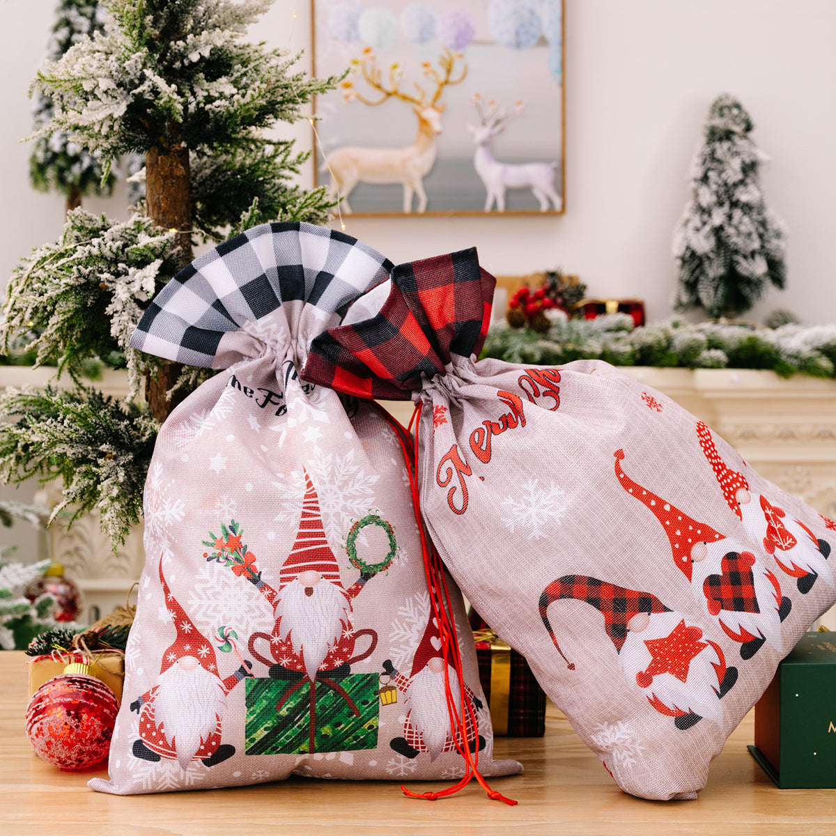 Christmas New Checkered Edge Imitation Linen Cartoon Printed Forest Elderly Gift Bag Creative Gift Storage