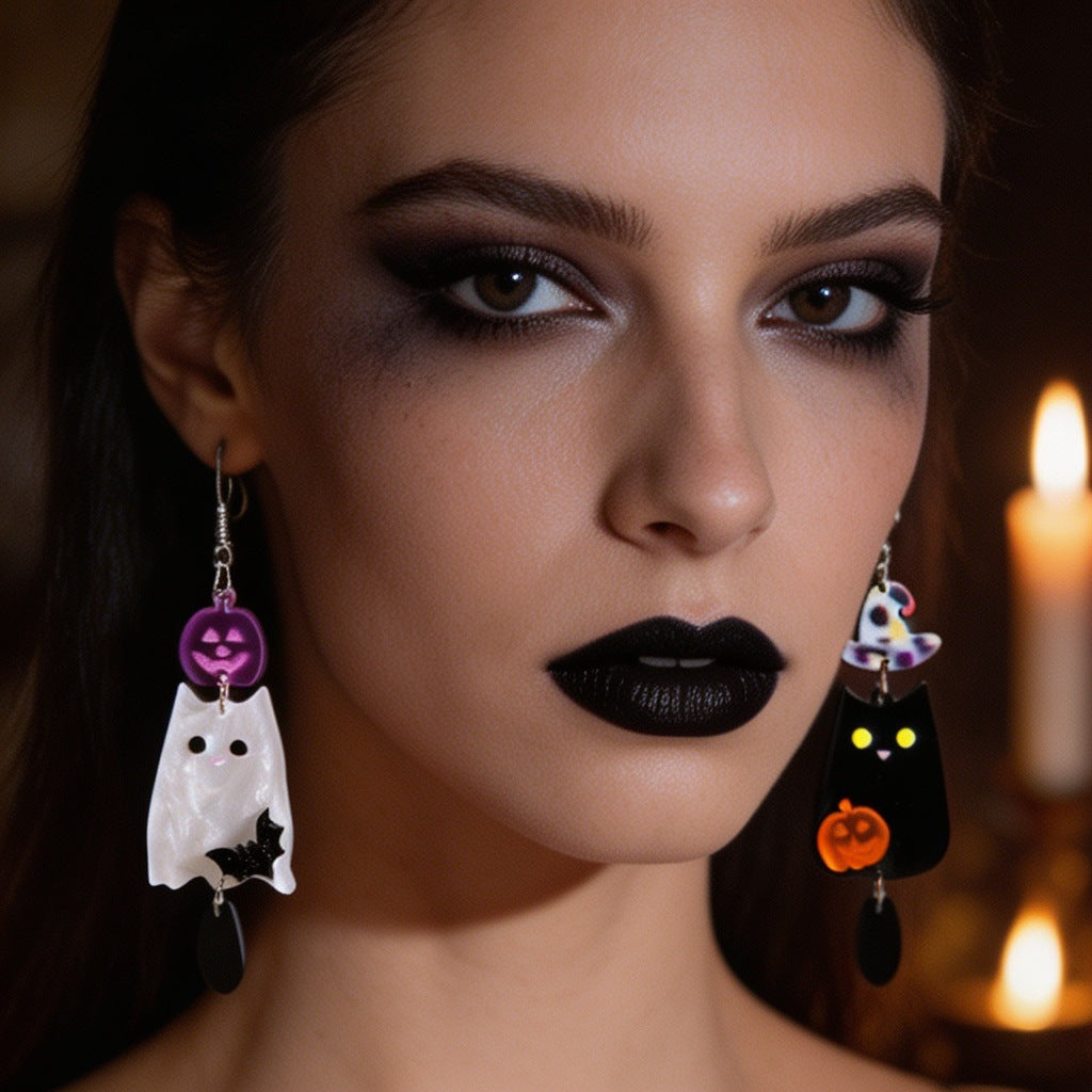 Halloween Black and White Ghost Pumpkin Bat Acrylic Earrings, Quirky Minimalist Design Creative Earrings
