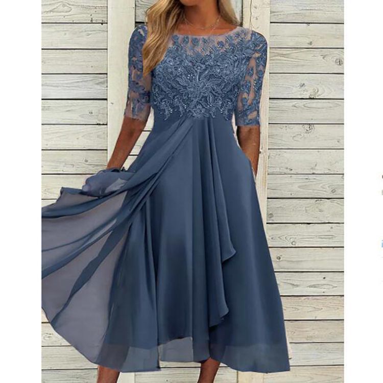 Elegant Chiffon Lace Hollow-Out Long Dress for Women Wedding Guest or Evening Gown, Fashionable and Elegant Design