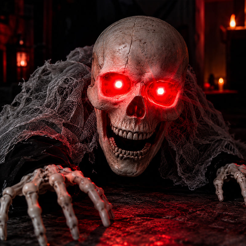 Voice Control Halloween Ghost – Glowing Red Eyes, Auto-Moving Hands, Foldable Bloody Zombie Screamer, Animatronic Decor