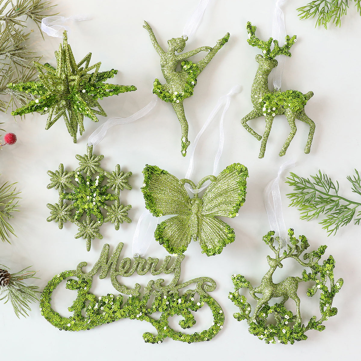 SantaYuan New Green Glitter Powder PC Ornament Christmas Decoration Snowflake Pendant Christmas Tree Scene Decoration