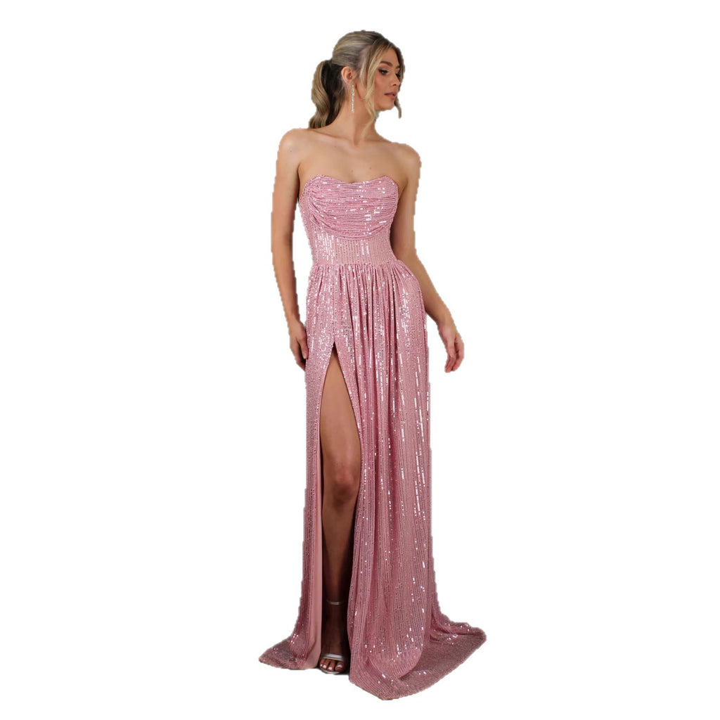 Glittery Strapless Maxi Dress with High Slit and Flared Skirt for Women Elegant Evening Gown