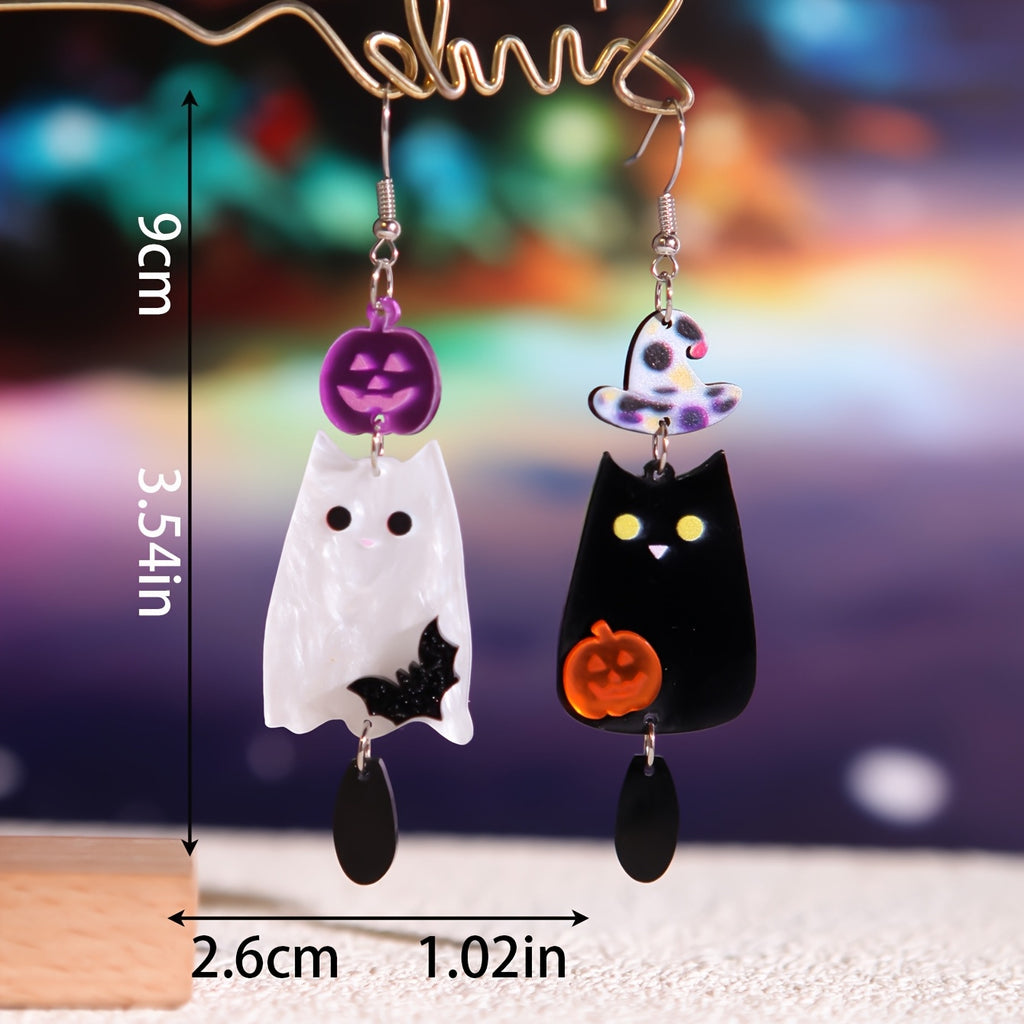 Halloween Black and White Ghost Pumpkin Bat Acrylic Earrings, Quirky Minimalist Design Creative Earrings