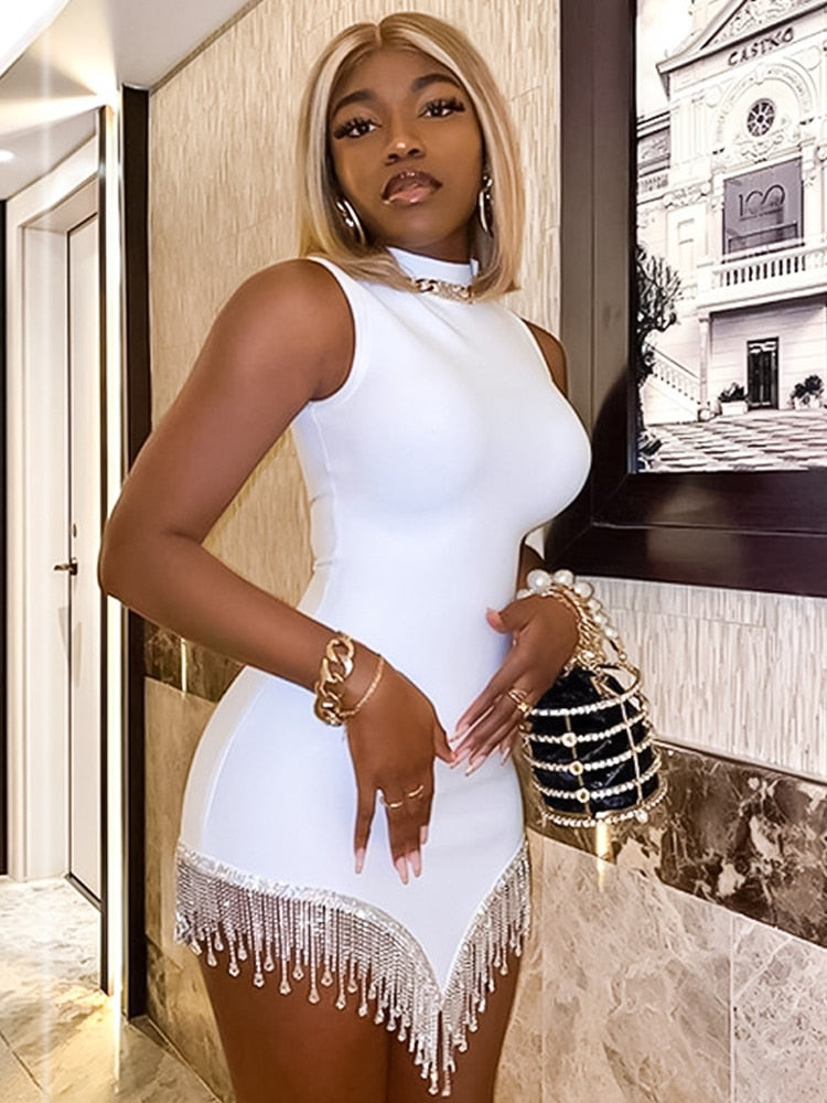 White Irregular Tassel Bodycon Prom Mini Dress Sexy Summer Women Elegant Festival Party Birthday Evening Dresses