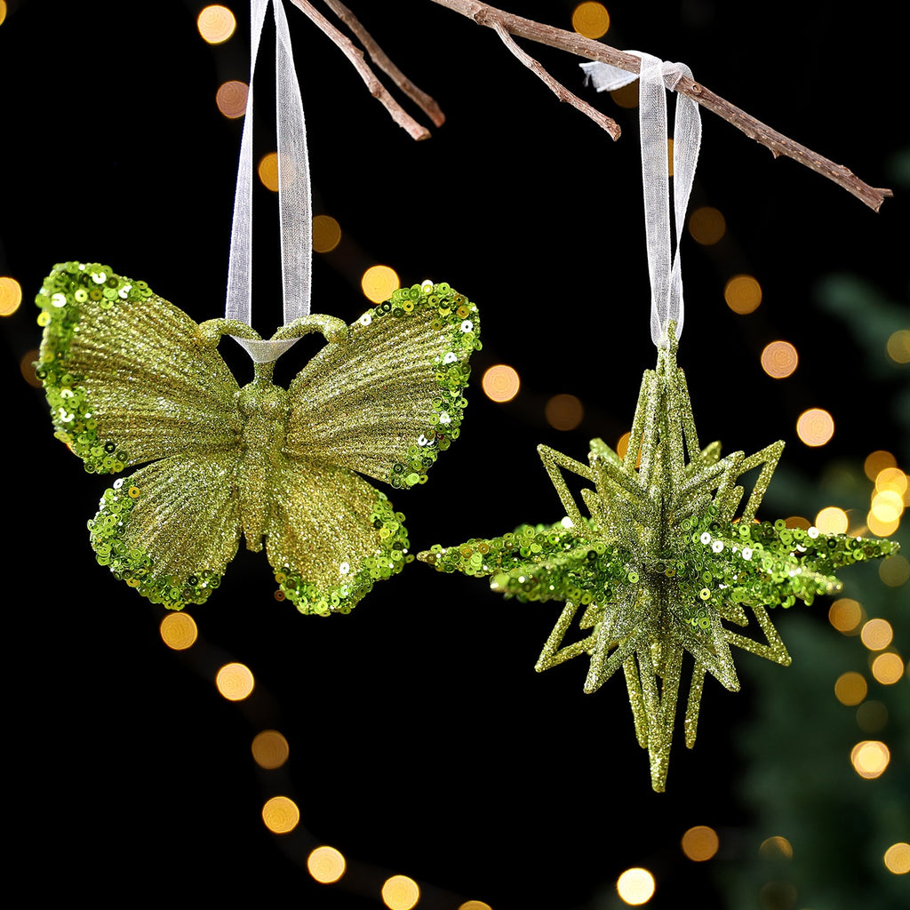 SantaYuan New Green Glitter Powder PC Ornament Christmas Decoration Snowflake Pendant Christmas Tree Scene Decoration