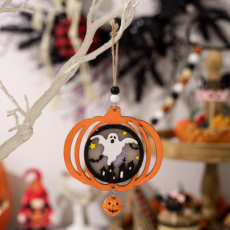Halloween Wooden Lantern Hanging Pumpkin Pendant, Ghost Festival Atmosphere Decoration, Luminous Horror Pumpkin Spider Pendant