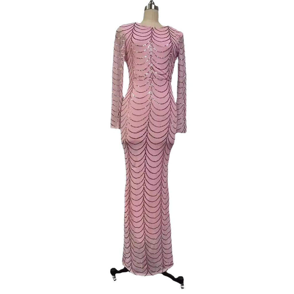 Elegant Party Dress with Sequins Long Sleeve Round Neck Fitted Mermaid Silhouette Evening Gown