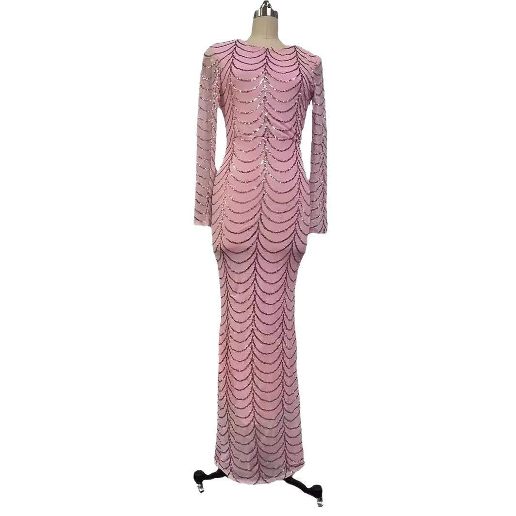 Elegant Party Dress with Sequins Long Sleeve Round Neck Fitted Mermaid Silhouette Evening Gown